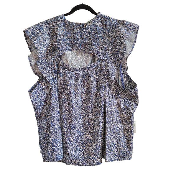 Old Navy Plus Size 4x Blue Yellow Floral Peephole Flutter Sleeve Top Blouse NEW - Picture 1 of 8